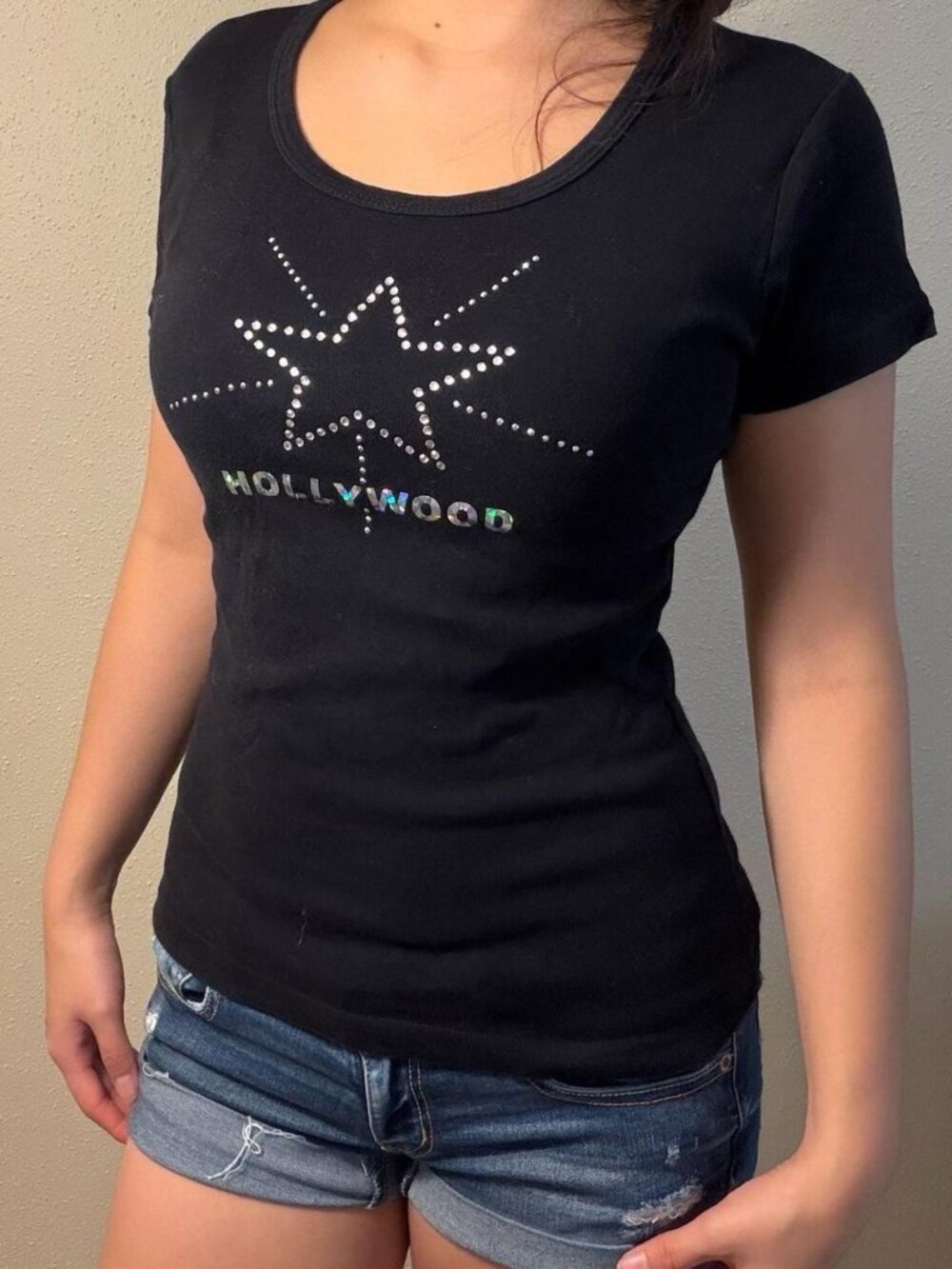 Cetté Y2K Rhinestone Star and Hollywood Graphic Black T-Shirt
